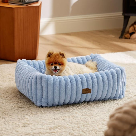 Bedsure Washable Dog Bed for Medium Dogs - Cute Furry Puppy Beds, Rectangle Orthopedic Corduroy Fleece Pet Beds with Removable Zipper Cover, 25x21x7inches, Blue