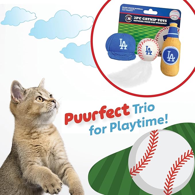 BEST PLUSH CAT TOY MLB LOS ANGELES DODGERS Complete Set of 3 piece Cat Toys filled with Fresh Catnip. Inc: 1 Baseball Cap Cat Toy, 1 Baseball Cat Toy with Feathers & 1 Beer Bottle. Beautiful Team LOGO