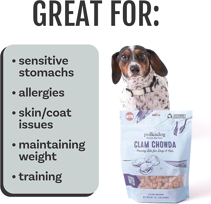 Polkadog Clam Chowda Crunchy Training Bits – All Natural, Limited Ingredient Healthy Training Treats for Dogs. Handcrafted & Made in USA. Made with Atlantic Quahogs, High in Omega-3 – 7oz