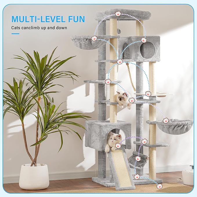 Hey-brother Cat Tree, 70.8 Inches Multi-Level Cat Tree Tower for Large Cats, Heavy Duty Cat Tower with Cat Condo,Baskets, Cat Scratching Posts, Big Hammock and Food Bowls, Light Gray MPJ036W