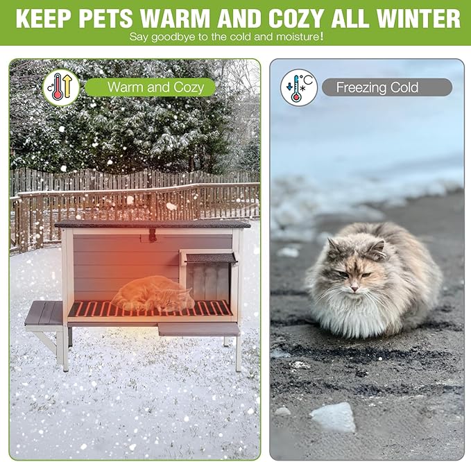 GUTINNEEN Heated Cat House Outdoor Cat House Insulated Weatherproof Feral Cat Shelter with Heated Pad and All-Round Thermal Liner for 1-3 Cats (Winter-Ready)