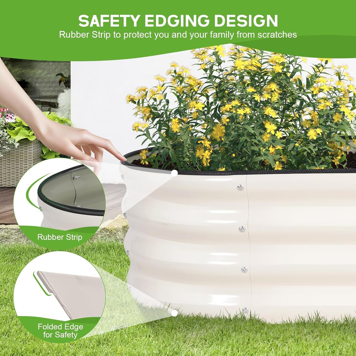 Galvanized Raised Garden Bed Outdoor - 4×2×1ft Planter Raised Beds for Gardening | Oval Metal Garden Planter Box with Safety Edging and Gloves for Vegetables Fruits and Flowers - White