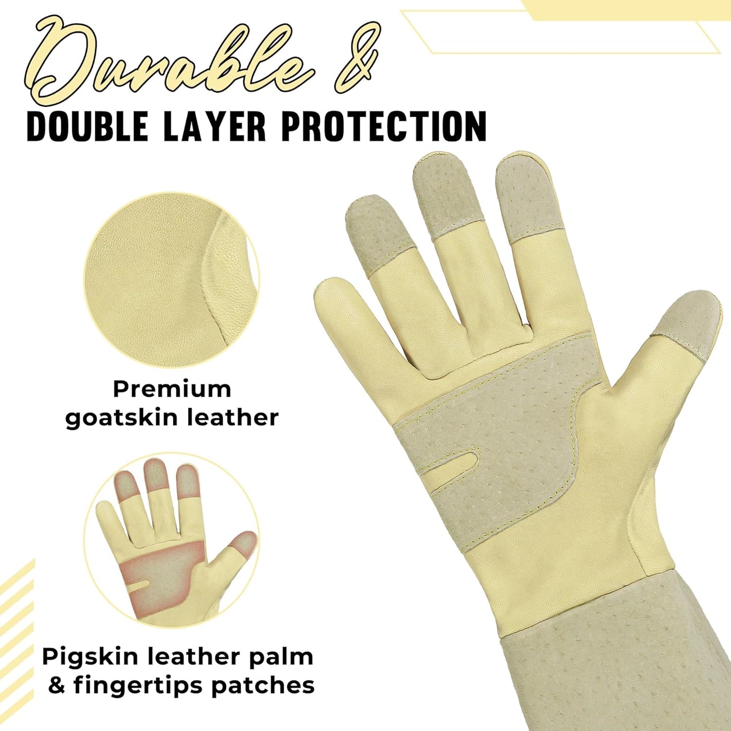 HANDLANDY Rose Pruning Gardening Gloves for Men Women, Thorn Proof Forearm Protection Leather Garden Gloves, Gardening Gifts for Gardeners (Beige- goatskin, Small (Pack of 1))