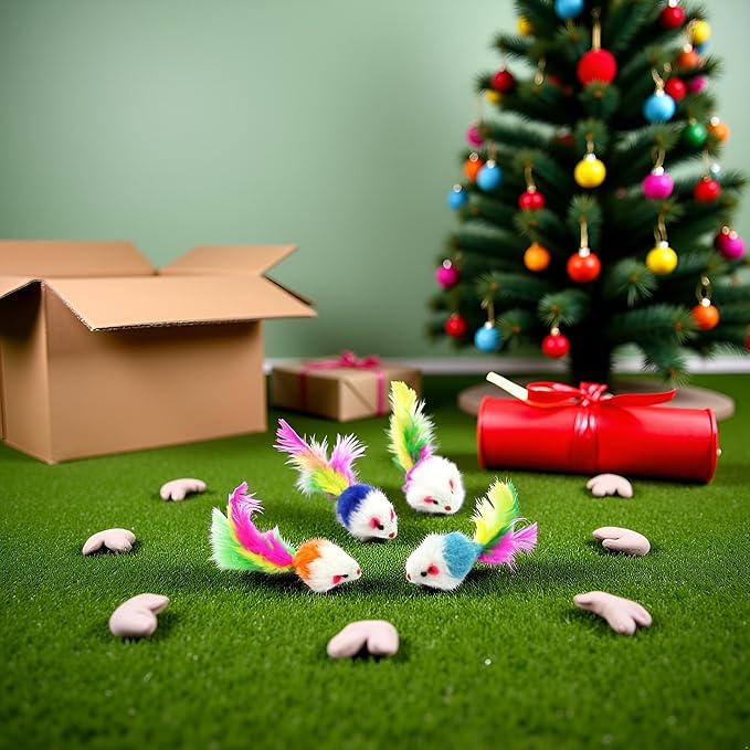 10 Pcs Colorful Soft Fleece False Mouse Cat Toys Colorful Feather Funny Playing Mice Toy Xmas Gifts