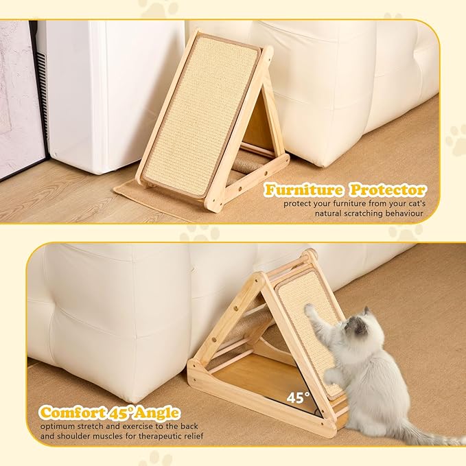 Sisal Cat Scratcher, Foldable Wooden Cat Scratcher and Lounge, Cat Ramp and Cozy Nest for Indoor Cats