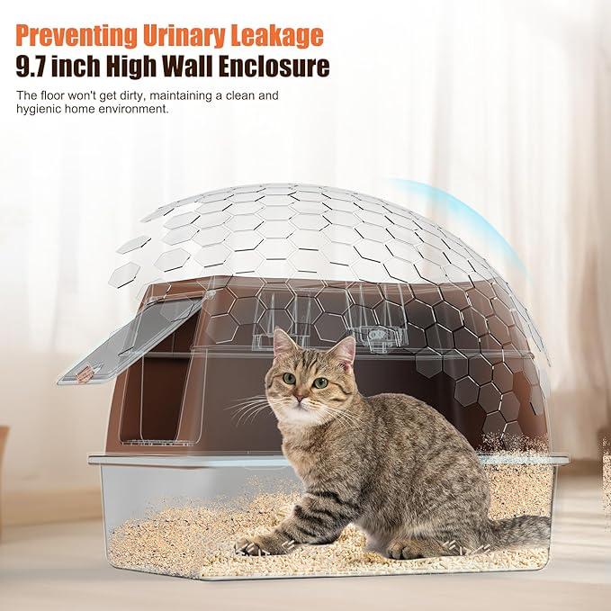 Stainless Steel Cat Litter Box with Lid Extra Large Open-Top Dual Entry Enclosed Metal Pan Tray with High Sides Pedal Scoop Non-Stick Anti-Leakage Easy Cleaning for Big Multi-Cat (Brown)