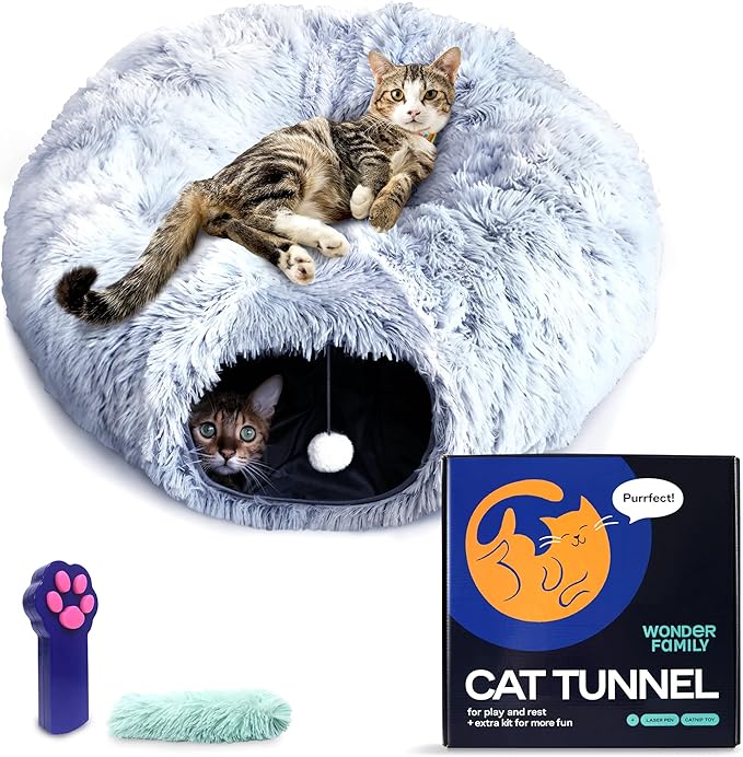 Cat Tunnel Bed Donut Cave – XL Plush Circle Hideaway for Indoor Cats, 3-in-1 Foldable Play Tunnel & Cozy Bed, Gift-Ready House Under Christmas Tree
