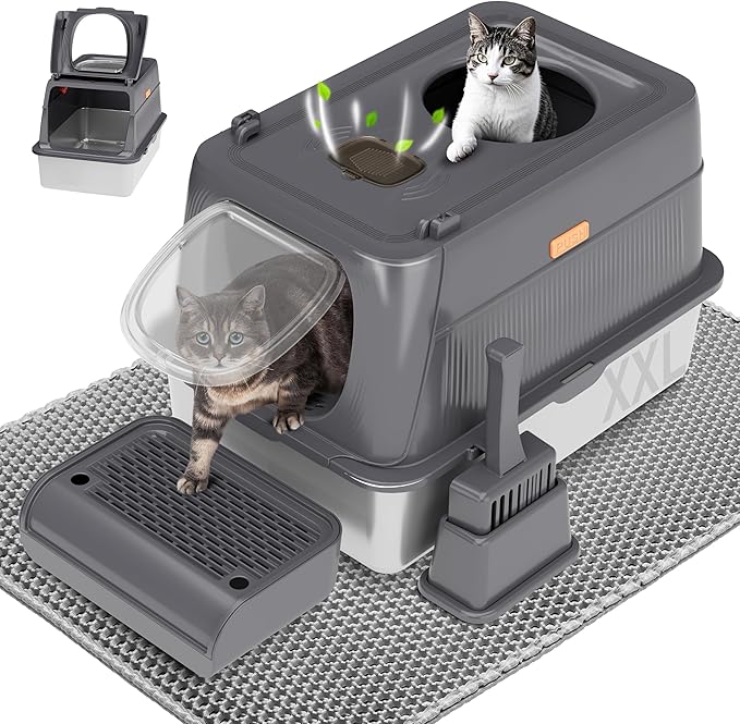 Citylife Stainless Steel Cat Litter Box with Lid, Front & Top Entry Extra Large Metal Kitty Litter Box Enclosure with Scoop & Double Layer Mat, Anti-Leakage, Non-Sticky, Dark Grey
