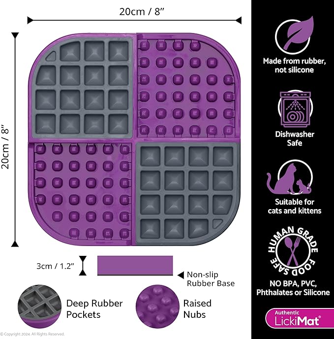 LickiMat Slomo, Cat Slow Feeder Lick Mat, Boredom Anxiety Reducer; Perfect for Food, Treats, Yogurt, or Peanut Butter. Fun Alternative to a Slow Feed Cat Bowl or Dish, Purple