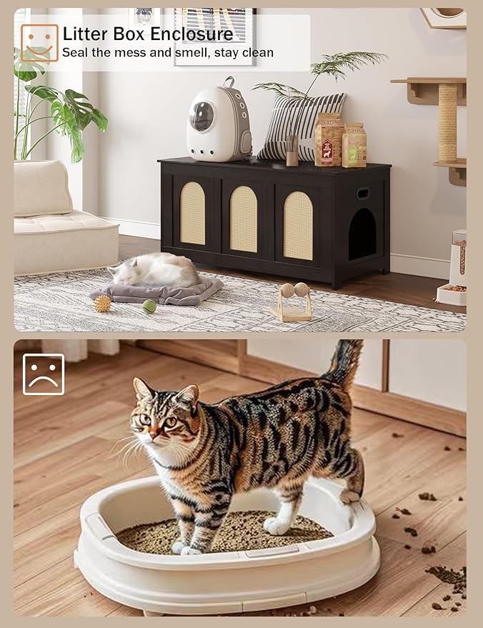 DINZI LVJ Cat Litter Box Enclosure, Flip Top Litter Box Furniture, Rattan-Like Hidden Cat Washroom, Wooden Pet House, End Side Table, 39.4"L x 19.7"W x 19.7"H, Easy to Assemble, Espresso with Rattan