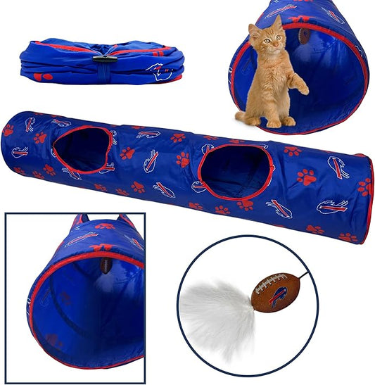 NFL Buffalo Bills Cat Tunnel Tube Toy with Plush Football Catnip and Feathers Collapsible Tunnel for Cats to Play, Peek and Hide, Sporty & Fun Cat Tunnel Toy with Team Logo All-Over Design!