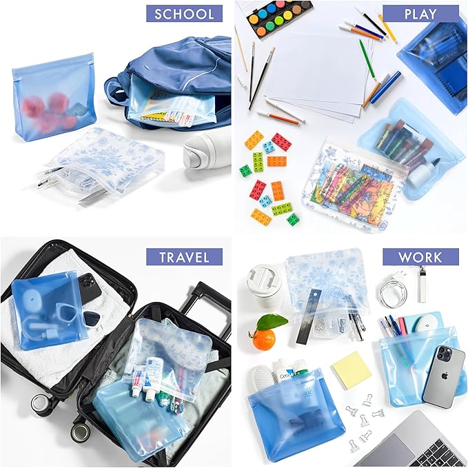 Fit & Fresh Reusable PEVA Storage Bags 3 Pack, Reusable Food Storage Bags, LeakProof, Durable, Sandwich Bags, Freezer Safe, Hand Wash, Easy to Clean, Eco-Friendly, Blue Floral Toile