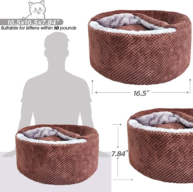 Winsterch Large Cat Cave - Soft, Enclosed & Washable for Indoor/Outdoor Cats & Kittens, Anti-Slip Bottom, Calming, Covered Bed (Coffee, 16.5 x 16.5 x 7.48 in)