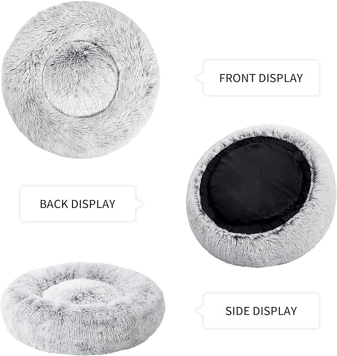 Love's cabin Calming Cat Bed for Indoor Cats, Anti-Anxiety Donut Round Dog Bed, Fluffy Faux Fur Washable Pet Bed for Small Medium Dogs and Cats,Grey,20in