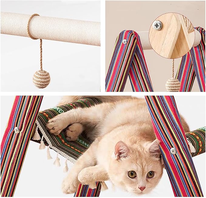 SHENGOCASE 3-Tier Modern Boho Style A Frame Wooden Cat Tree Tower Ladder with Multi-Level Bed Hammock for Large Cat and Sctatching Post, Hanging Toy Ball (Boho)