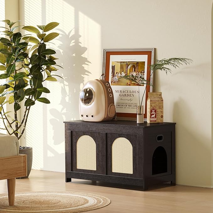 DINZI LVJ Cat Litter Box Enclosure, Flip Top Litter Box Furniture, Rattan-Like Hidden Cat Washroom, Wooden Pet House, End Side Table, 31.5"L x 19.7"W x 19.7"H, Easy to Assemble, Espresso with Rattan