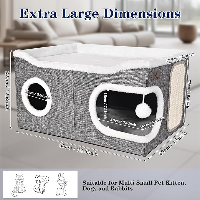 Extra Large Cat Beds for Indoor Cats, Covered Cat Cave Beds & Furniture with Scratch Pad and Fluffy Ball, Foldable Condo Hideaway with Reversible Cushion for Multi Small Pet Large Kittens, Grey