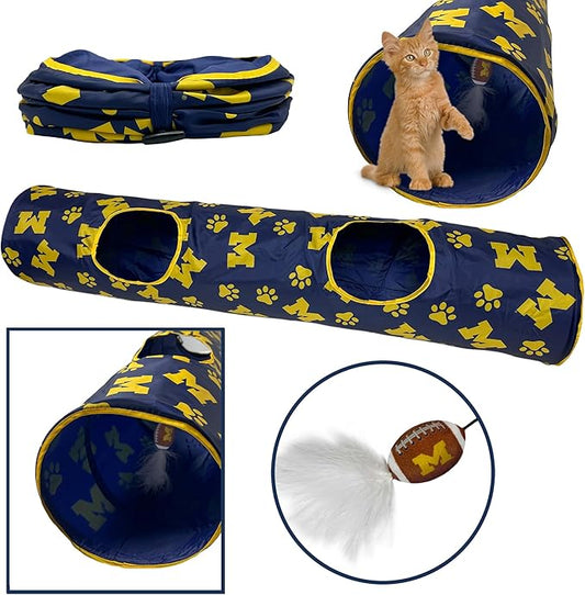 NCAA Michigan Wolverines Cat Tunnel Tube Toy with Plush Football Catnip and Feathers