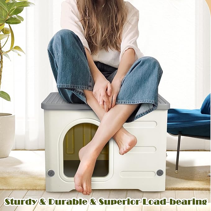 Hicaptain Cute Durable Cat Houses for Indoor Cats Plastic Feral Outdoor Cat House Puppy Shelter for Small Medium Pets-Grey