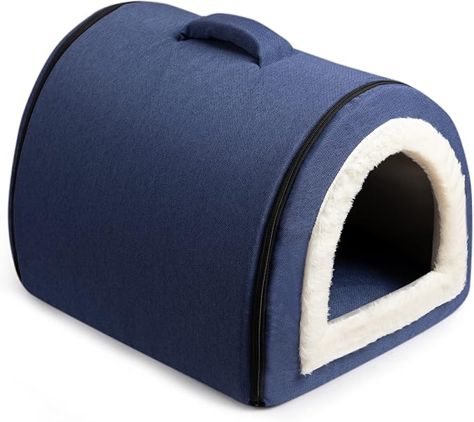 Hollypet Linen Cat Bed, Self-Warming 2 in 1 Foldable Cave House Animal Shape Nest Pet Sleeping Bed, Blue