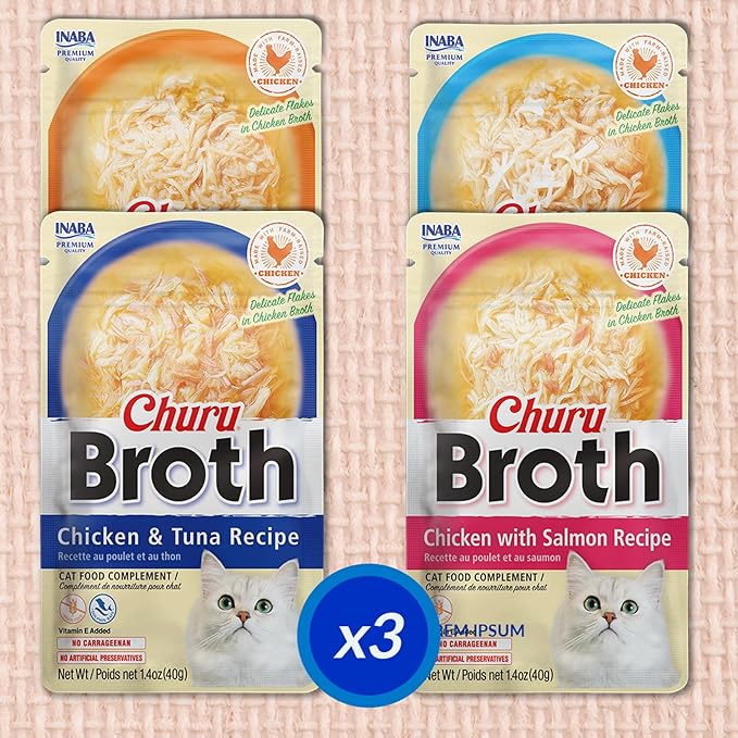 INABA Churu Broth for Cats, Creamy Broth with Shredded Chicken Side Dish Pouch, 1.4 Ounces per Pouch, 12 Pouches, Chicken & Seafood Variety (Pack of 2)