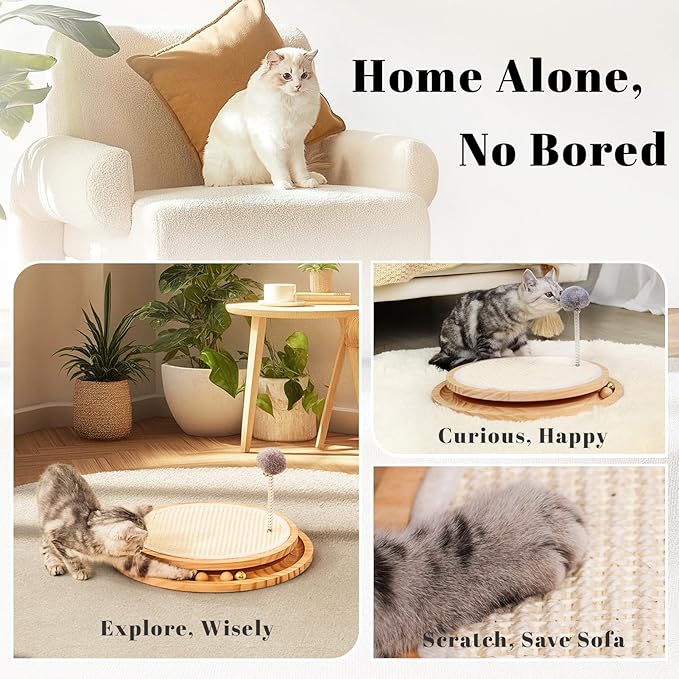 Cat Scratcher, Cat Natural Sisal Scratching Pad, Kitten Interactive Toy with Ball Track Spring Ball for Chasing Hunting Mental Physical Exercise Puzzle