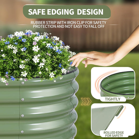 Galvanized Raised Garden Bed - 4x2x1.4FT Metal Planter Boxes Outdoor | Oval Steel Raised Bed Kit for Gardening with Protective Tape, Gloves for Vegetables, Flower, Herb (Green)