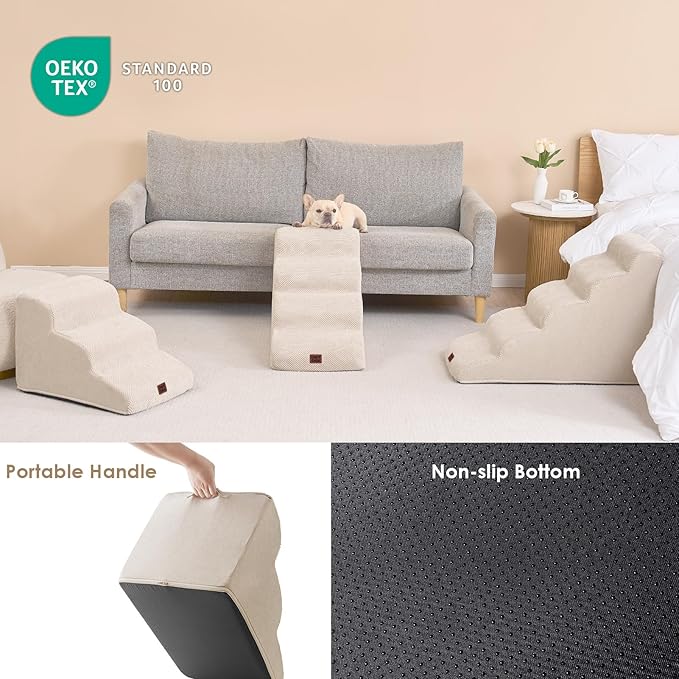 EHEYCIGA Curved Dog Stairs Ramp for High Beds 19.7" H, 4-Step Dog Steps for Small Dogs and Cats, Pet Stairs for High Bed Climbing, Non-Slip Balanced Pet Step Indoor, Beige