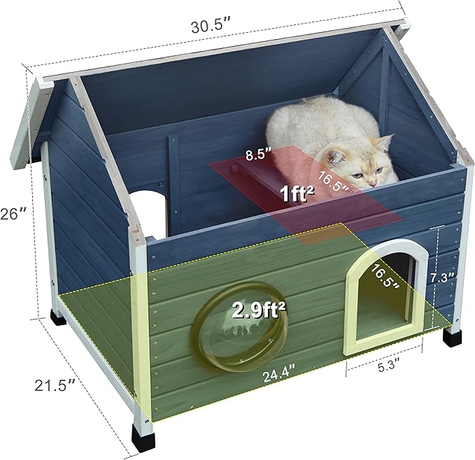 Rockever Outdoor Cat House, Feral Cat House Outdoor Weatherproof with Escape Door and Clear Windows for 2 Cats（Blue）