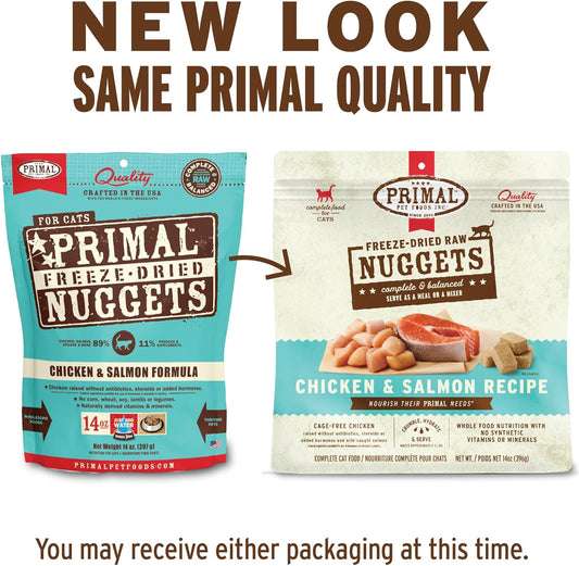 Primal Freeze Dried Raw Cat Food Nuggets Chicken & Salmon, Complete & Balanced Meal or Topper, Premium, Healthy, Grain Free, High Protein Raw Cat Food with Probiotics (5.5 oz)