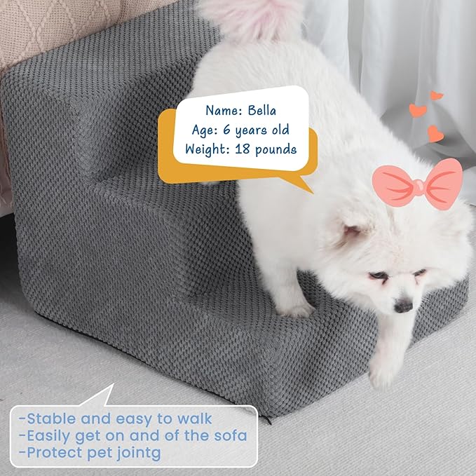 Dog Stairs for Small Dogs & Cats, 3-Step Non-Slip Pet Steps for Couch Sofa and Chair, Grey, 13.6" H