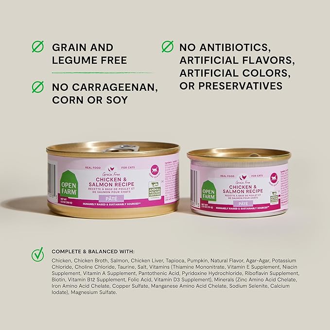 Open Farm Canned Cat Food, Paté for Complete & Balanced Nutrition, Grain-Free and Legume-Free Wet Cat Food, Chicken & Salmon Recipe, 5.3oz Cans (Case of 12)