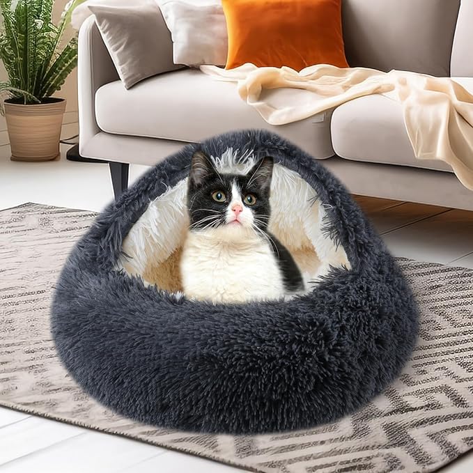 Cat Beds for Indoor Cats,Cat Cave for Puppy and Kitty,Calming Small Dog Bed for Small Dogs with Cover Cave,Cozy Warming Fluffy Washable Anti-Slip Pet Sleeping Bag(20 * 20inch,Dark Gray)