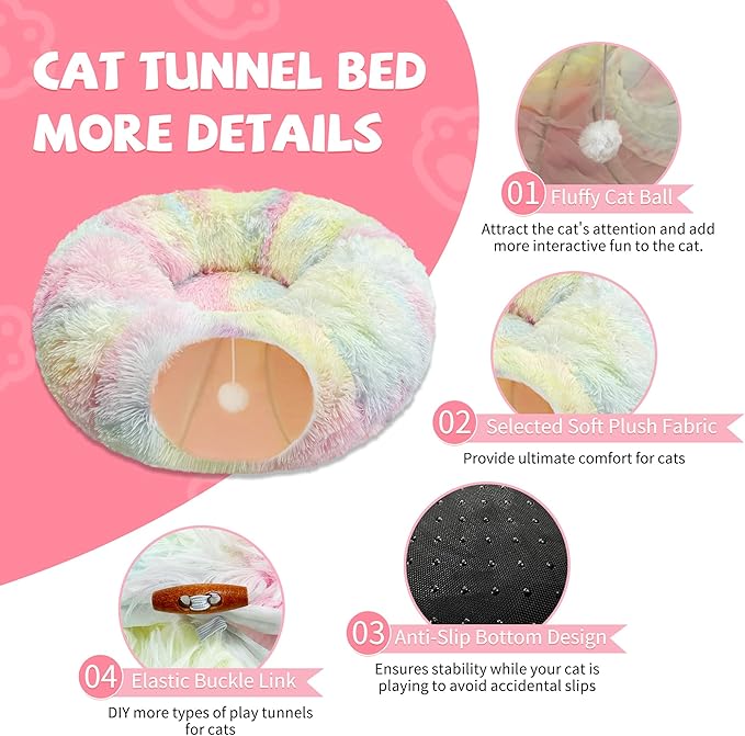 Cat Tunnel Bed with Furry Soft Mat,Cat Donut Tunnels for Indoor Kitten Large Cats to Chase and Play, Peekaboo Tube Cat Cave Toys,Foldable & Easy to Store,Diameter 31.5" (Rainbow Color)