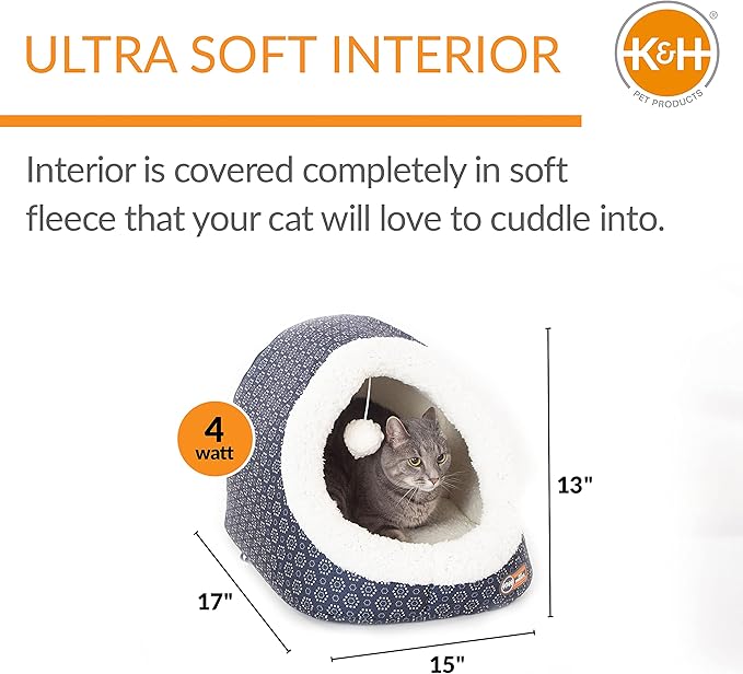 K&H Pet Products Thermo-Pet Cave Heated Cat Bed for Large Cats, Indoor Heated Pet Bed for Dogs & Cats, Covered Cave Pet Tent, Collapsible, Machine Washable, Safety Listed - 17 X 15 X 13in Gray