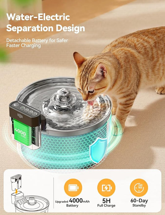 Cordless Cat Water Fountain Stainless Steel with Motion Sensor, Water-Battery Separation Safety Design,4000mAh Battery Operated Cat Water Dispenser for Cats Dogs, 3.5L/118oz - [FN-W19]