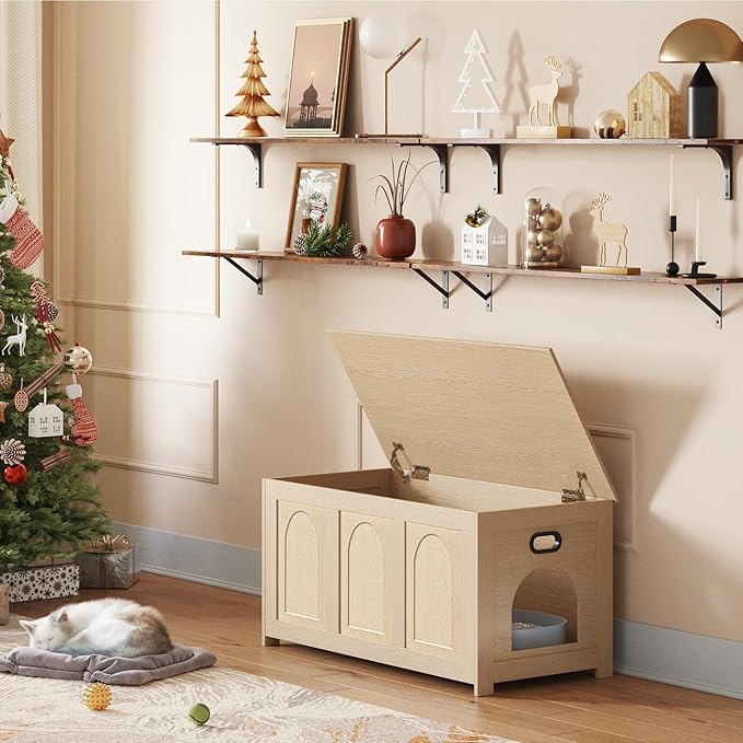 DINZI LVJ Cat Litter Box Enclosure, Flip Top Litter Box Furniture, Farmhouse Hidden Cat Washroom, Wooden Pet House, End Side Table, 39.4" L x 19.7" W x 19.7" H, Sturdy and Easy to Assemble, Natural