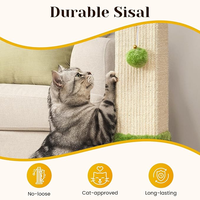 Cat Scratching Post with Hanging Toy Ball, 32-Inch Tall Sisal Cat Scratcher for Indoor Cats, Green