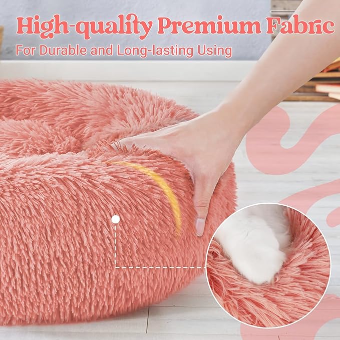 rabbitgoo Calming Dog Bed for Small Medium, 30 inches Pet Bed Machine Washable, Non-Slip Round Fluffy Plush Faux Fur Large Cat Cushion, Soft Donut Cuddler Cushion for Small Dogs, Pink