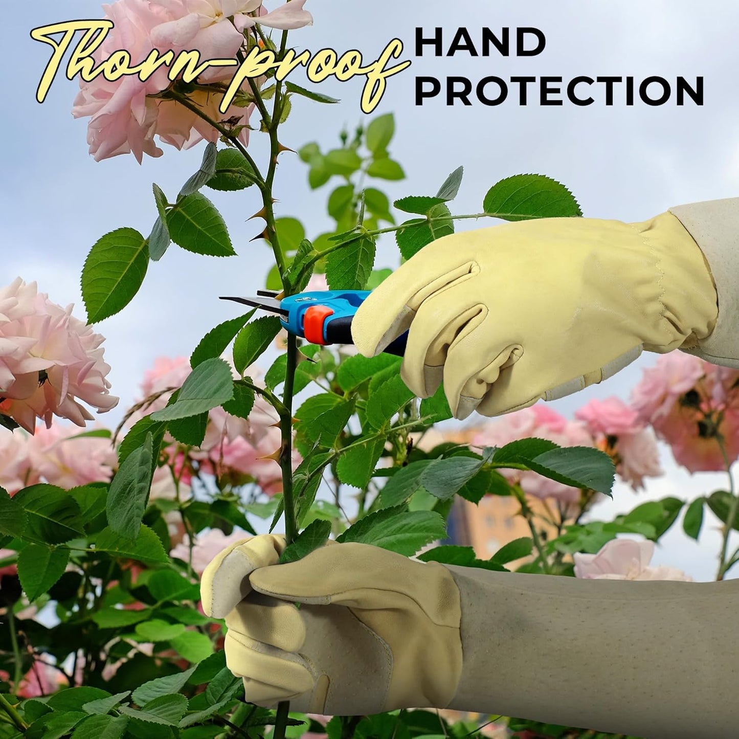 HANDLANDY Rose Pruning Gardening Gloves for Men Women, Thorn Proof Forearm Protection Leather Garden Gloves, Gardening Gifts for Gardeners (Beige- goatskin, Small (Pack of 1))