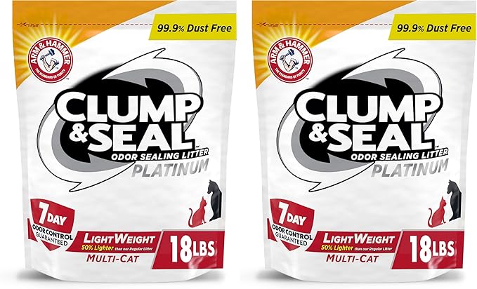 ARM & HAMMER Clump & Seal Odor Sealing Lightweight Multi-Cat Scented Clumping Cat Litter with 7 Days of Odor Control, 18 lbs. Bag (Pack of 2)