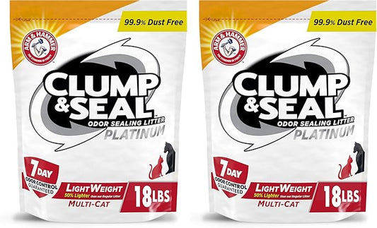ARM & HAMMER Clump & Seal Odor Sealing Lightweight Multi-Cat Scented Clumping Cat Litter with 7 Days of Odor Control, 18 lbs. Bag (Pack of 2)