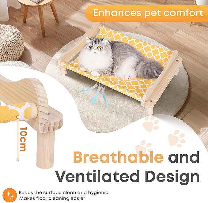 Elevated Wooden Cat Bed – 24"x15.7"x5.9" Breathable Hammock Pet Bed for Indoor/Outdoor Use, Raised Dog Lounger for Small Pets Like Kittens, Puppies, Rabbits, and Bunnies(Orange-1)