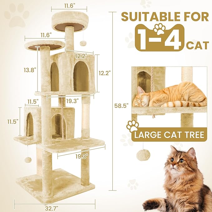 58.5inch Large Cat Tree Tower Condo for Indoor Cats, Soft Plush Multi-Level Climbing Tree Cat House, Scratching Post, More Entrance/Exit, Sisal Rope, Beige Almond