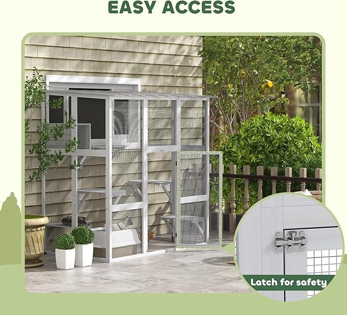 PawHut Catio Outdoor Cat Enclosure Window Box, Wooden Cat House Playground with Scratching Posts, Weather Protection Roof for 1-2 Kitties, Resting Boxes, 68" x 35.5" x 70.5", White