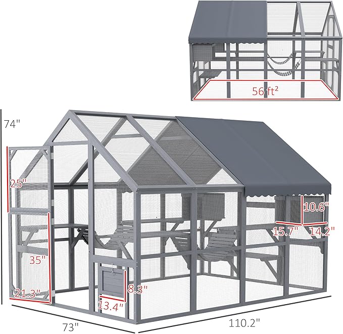 PawHut Large Catio Outdoor Cat Enclosure for Multiple Kittens, Wooden Cat House with Waterproof Cover, Walk in Kitty Cage Kennel with 2 Condos, 6 Platforms, Bridge, Doors, 110" x 73" x 74", Gray