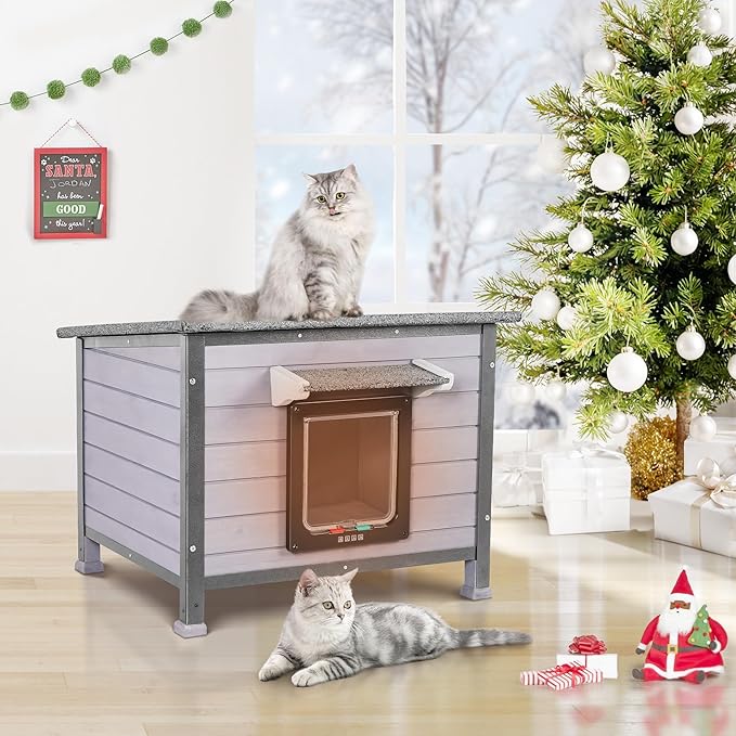 Outdoor Insulated Cat House Weatherproof for Winter, Feral Cat Shelter with Insulated Liner, All Round Metal Frame Wooden Condos, Indoor and Outdoor Use for Cat, Rabbit and Small Animal