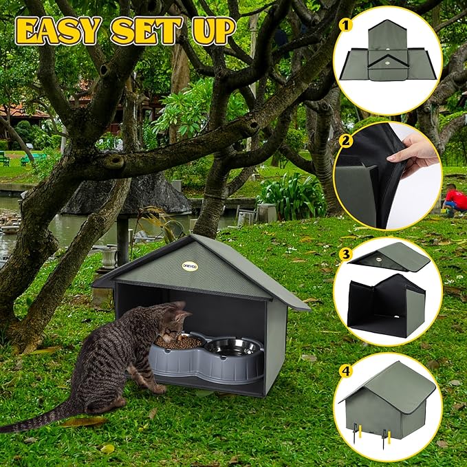 Dreyoo Cat Houses & Condos Outdoor Cat Feeding Station for Food & Water, Weatherproof Outdoor Kitty Dining Room Cats Shelter for Stray, Feral and Community Cats, 13”d x 17”w x 15.5'h(Dark Green)
