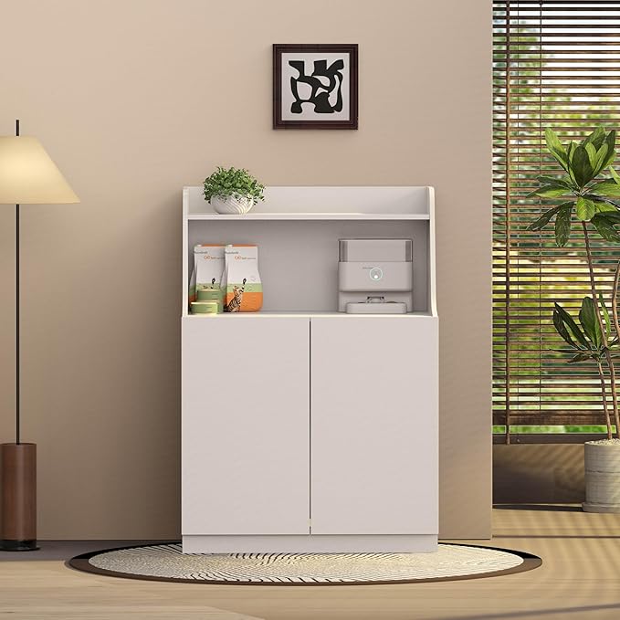 Large/Tall Litter Box Enclosure, Modern Wooden Litter Box Furniture for XL Litterbox with Open Shelf as Sideboard Cabinet (White)