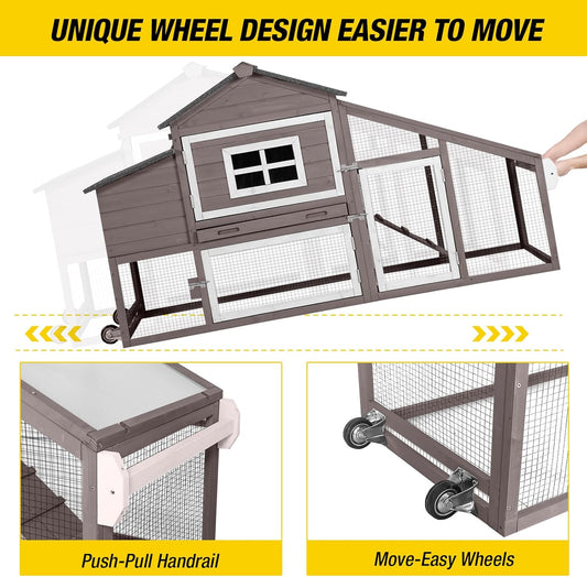 Aivituvin Chicken Coop Outdoor with Wheels, Mobile Hen House Wooden Poultry Cage with Run & Waterproof Roof (Grey with White)